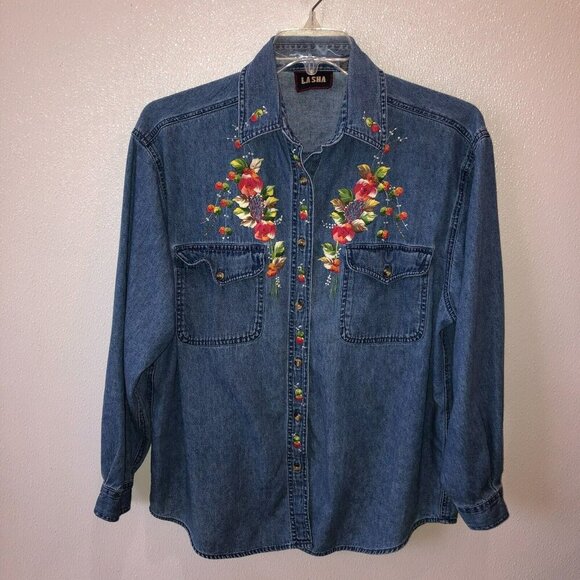 VTG Lasha Large Denim Flower Painted Floral Long Sleeve Button Up Shirt Top Sz L - Picture 4 of 10